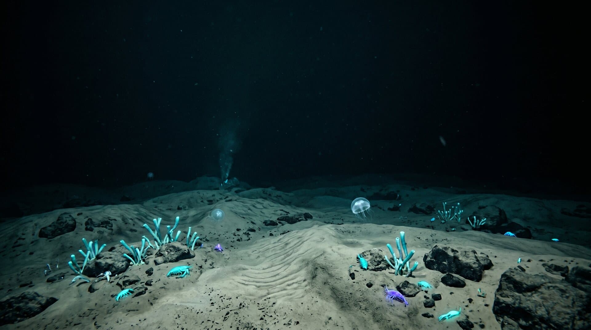 The Mariana Trench floor — pale sediment, scattered rocks and bioluminescent life at full ocean depth.