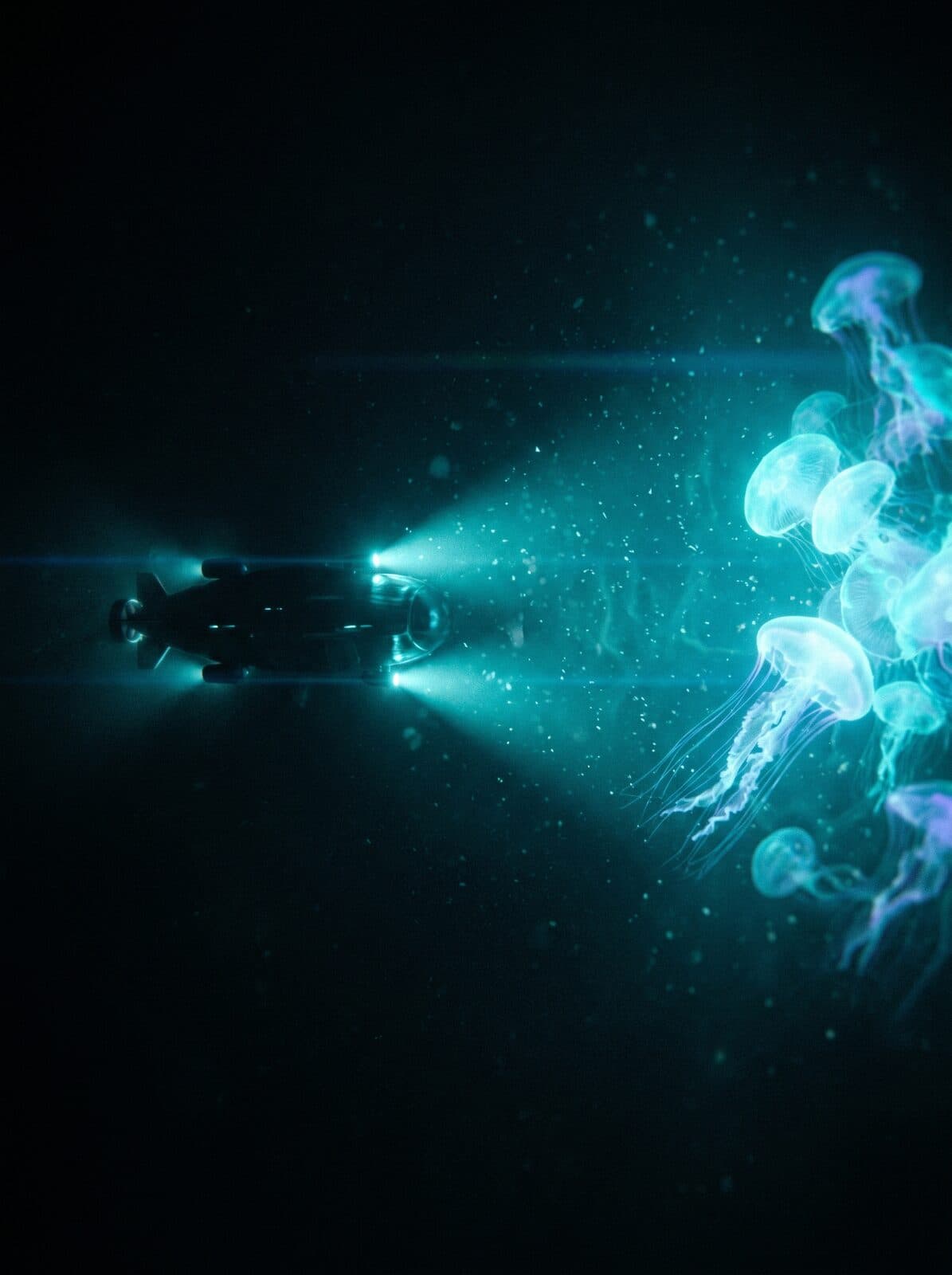 The Bloom — −2,400 m · floodlights meet a jellyfish swarm