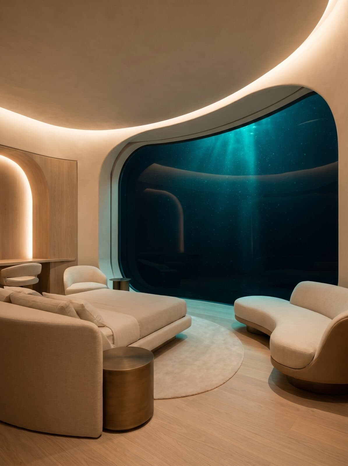 A MARIANA habitat suite — warm bone, pale oak and bronze interior with an enormous curved acrylic viewport onto the glowing black ocean.