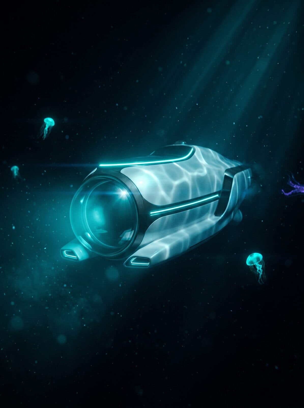 The MARIANA submersible — a pearl-white composite hull with a spherical acrylic viewport dome and cyan running lights, suspended in the black ocean.